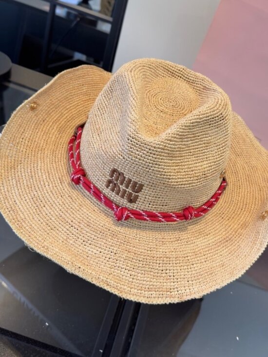 MiuMiu Accessories - Miu Miu Natural Raffia Straw Western Hat Red Cord Band Embroidered Logo